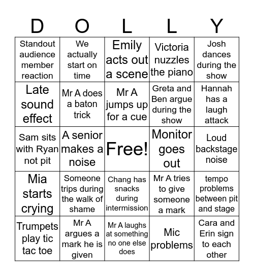 Hello, Dolly! Pit Bingo Card