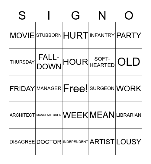 ASL 1 Bingo Card