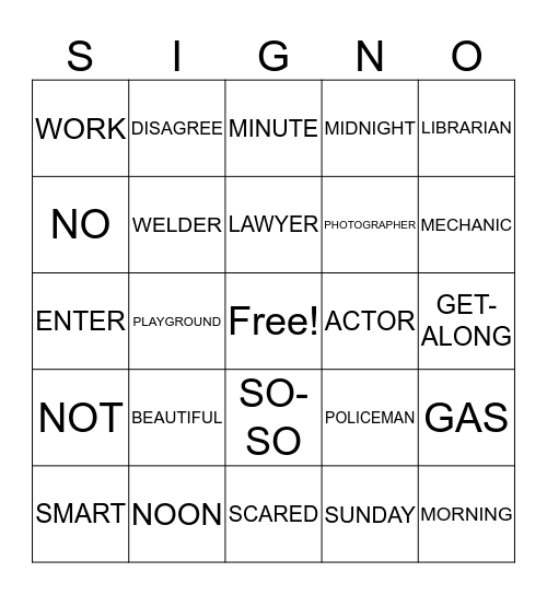 ASL 1 Bingo Card