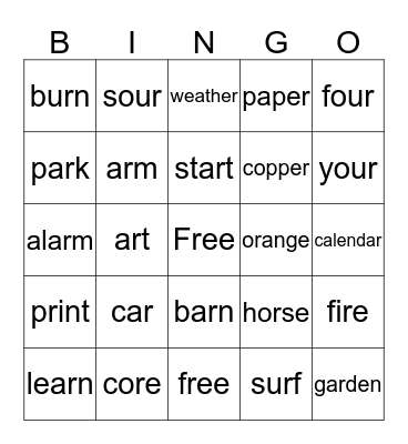 Middle and End R Words Bingo Card