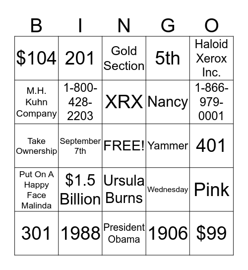 Xerox BINGO Card