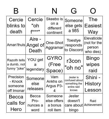 TCC SunFunRun Bingo Card