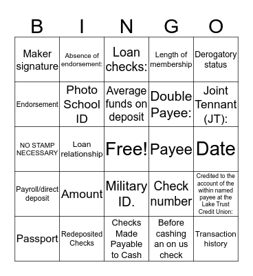 Check Cashing Guidelines  Bingo Card