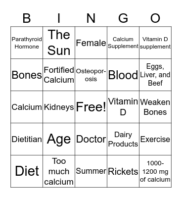 Calcium & Vitamin D Bingo Card