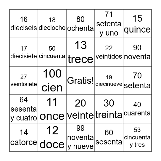 Numeros  Bingo Card