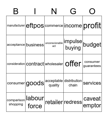 Consumer Choice Bingo Card