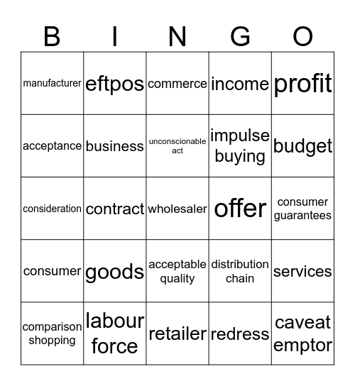 Consumer Choice Bingo Card