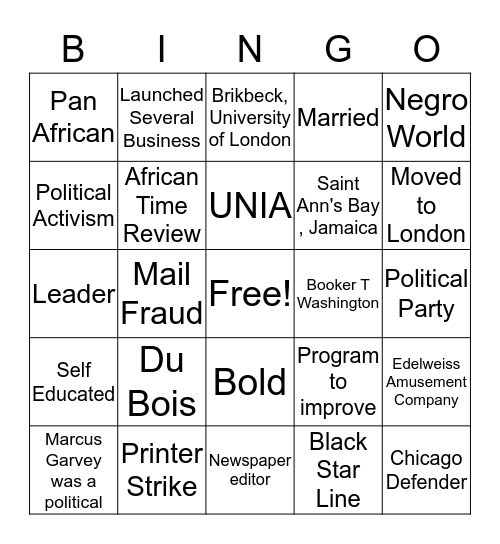 Marcus Garvey  Bingo Card