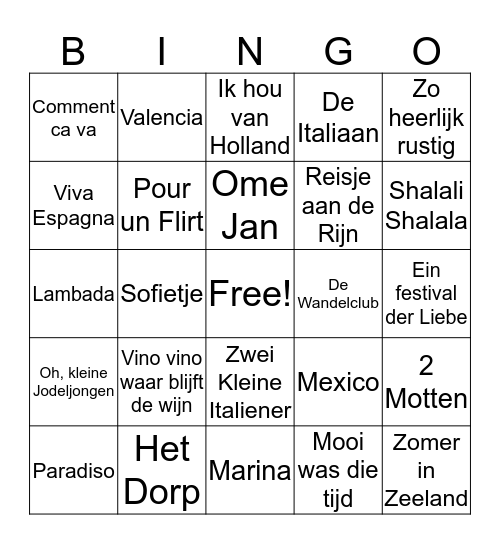 Muziek Bingo met Jolanda Bingo Card