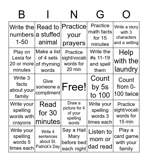 Homework Bingo Card