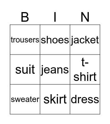 Clothes Bingo Card