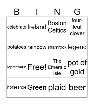 St. Patrick's Day Vocabulary Bingo Card