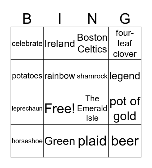 St. Patrick's Day Vocabulary Bingo Card