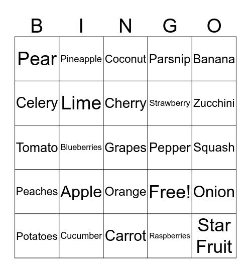 Fruits and Veggie Bingo Card