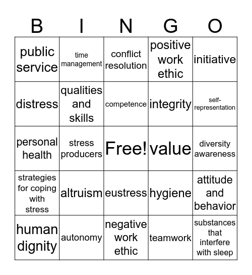 Professionalism Concepts Bingo Card