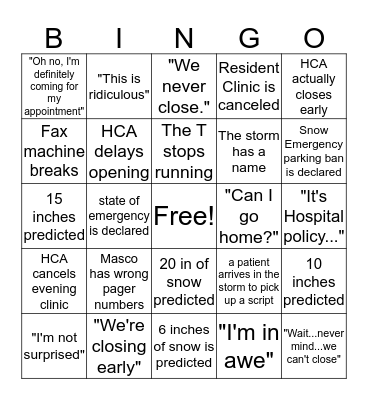 HCA snow day bingo Card