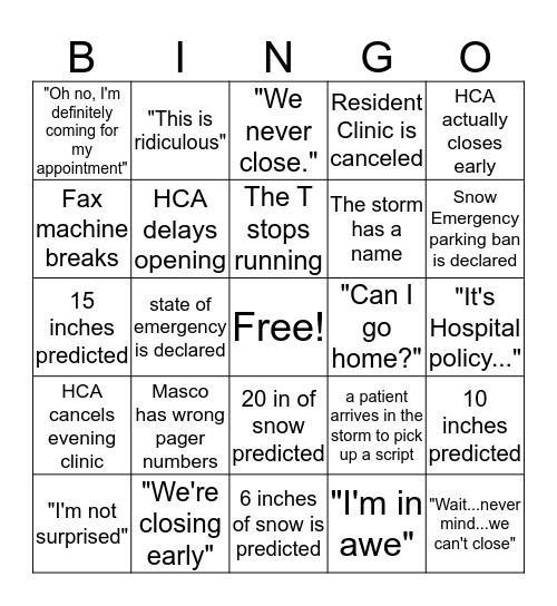 HCA snow day bingo Card