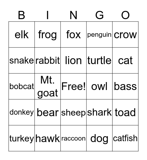 Animal Bingo Card