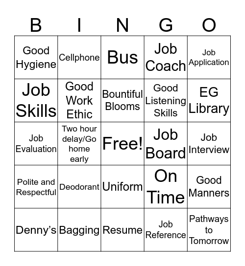 Job Coaching Bingo Card