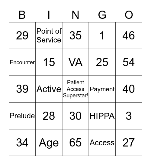 Patient Access BINGO Card