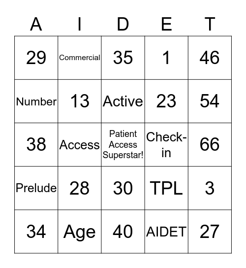 Patient Access BINGO Card