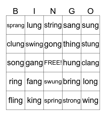 ing   ang   ong   ung Bingo Card