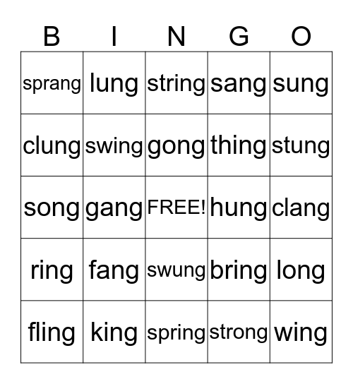 ing   ang   ong   ung Bingo Card
