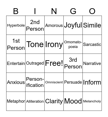 Language Arts Vocabulary Bingo Card