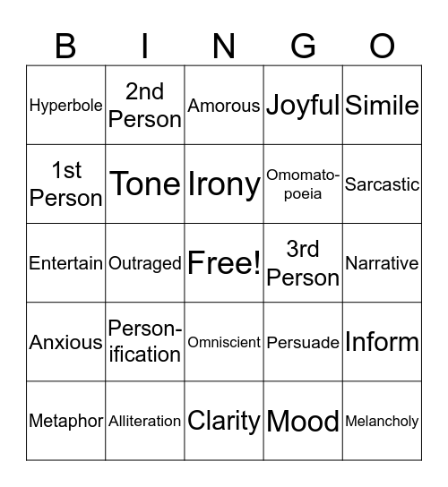 Language Arts Vocabulary Bingo Card