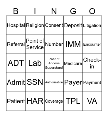 Patient Access Bingo Card