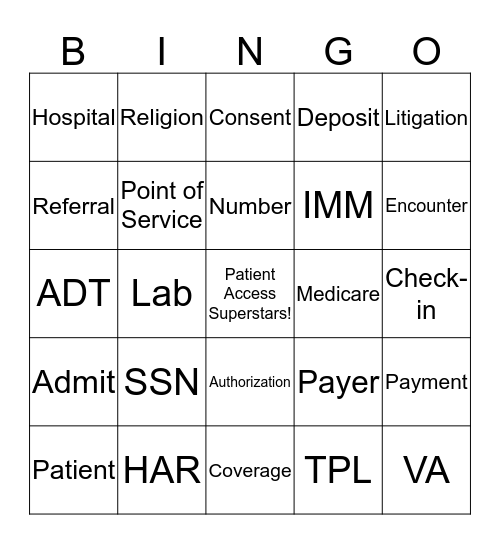 Patient Access Bingo Card