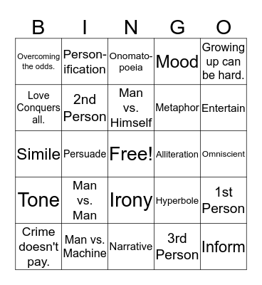 Language Arts Vocabulary Bingo Card