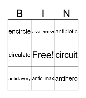 Vocabulary Bingo Card