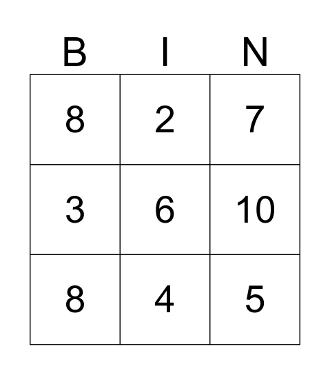 Number Bingo  Bingo Card