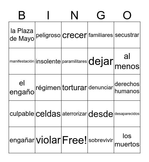 La Guerra Sucia y La Historia Oficial Bingo Card