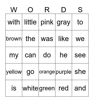 KINDERGARTEN SIGHT WORDS Bingo Card
