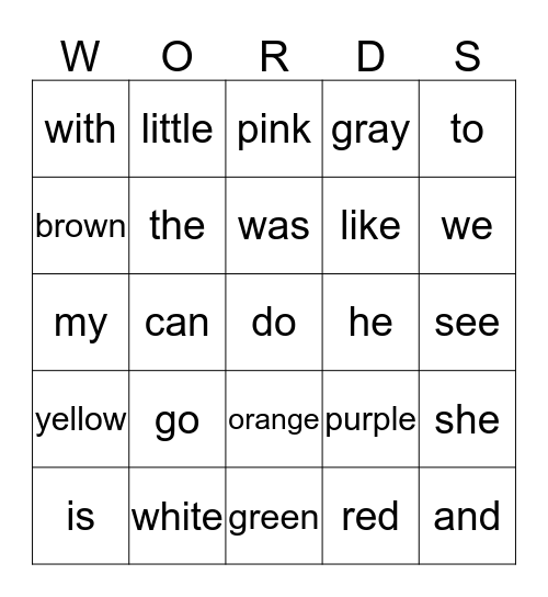 KINDERGARTEN SIGHT WORDS Bingo Card