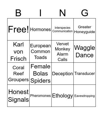 Animal Communication Bingo Card