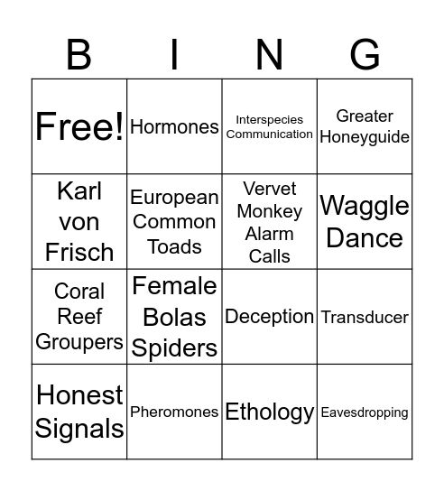 Animal Communication Bingo Card