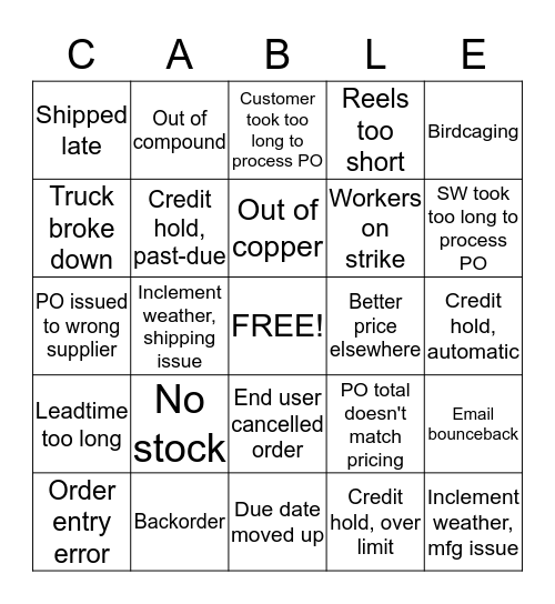 12/14 Cable Bingo Card