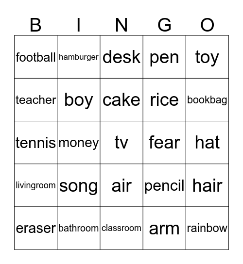 Nouns Bingo Card