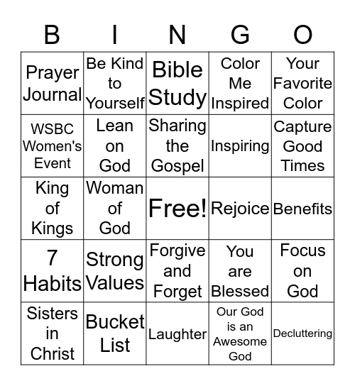 Color Me Inspired - a Woman of God Bingo Card