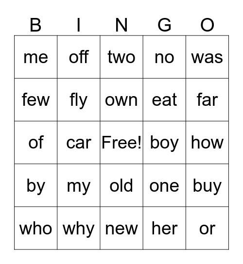 2 & 3 Letter Sight Words Bingo Card