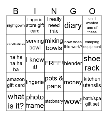 Melanie's Bridal Shower Bingo Card