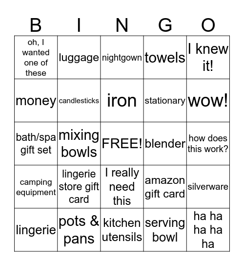 Melanie's Bridal Shower Bingo Card