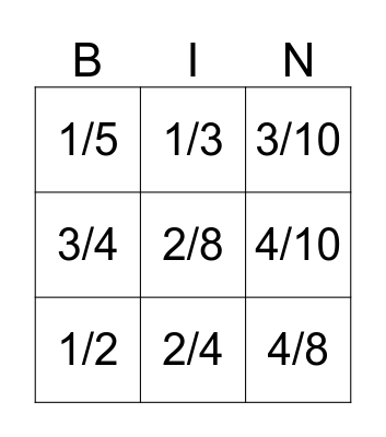 Fraction Bingo Card