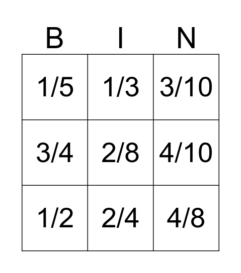Fraction Bingo Card