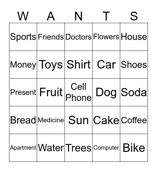 Wants and Needs Bingo Card
