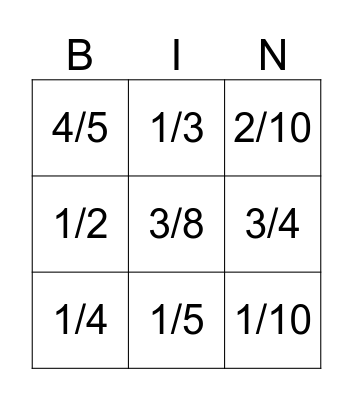 Fraction Bingo Card