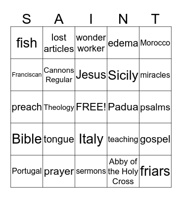 ST. ANTHONY BINGO Card